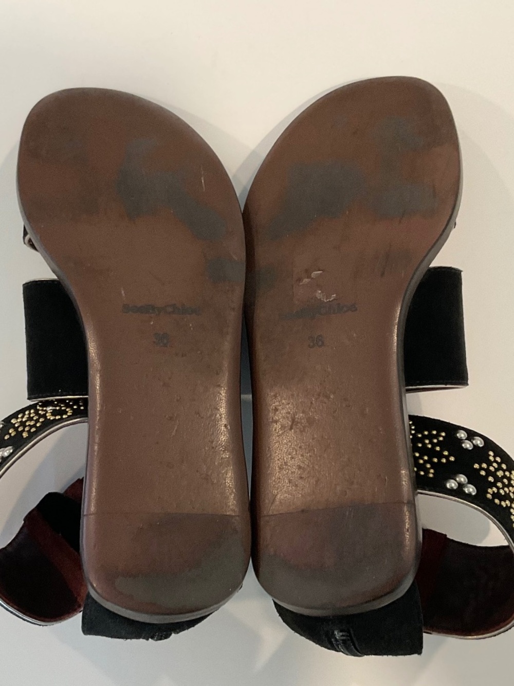 SEE by CHLOE Black Suede Studded Accent Flat Gladiator Sandal Size EU 36 or 6 - Picture 7 of 12